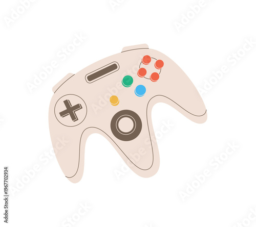 Flat retro joystick gamepad as sticker design in beige with bold button elements. Console controller for videogame player, unique joy stick gadget for classic video game and electronic entertainment