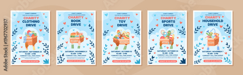 Charity donation box banner with light flat background set. Volunteer poster with donate box and gift for people and community. Support charity contribution as heart banner for print.