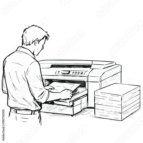 A hand drawn sketch vector of a man printing text on a press machine, with sheets of paper turning into a book, capturing a traditional printing process in an artistic style.