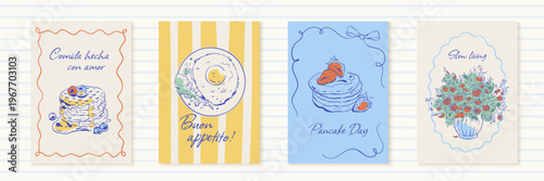 Whimsical french breakfast banner set in soft blue and yellow. Cute cafe cards show pancakes with egg and strawberry as cozy dessert food. Hand drawn ink line doodle frames work as poster or print