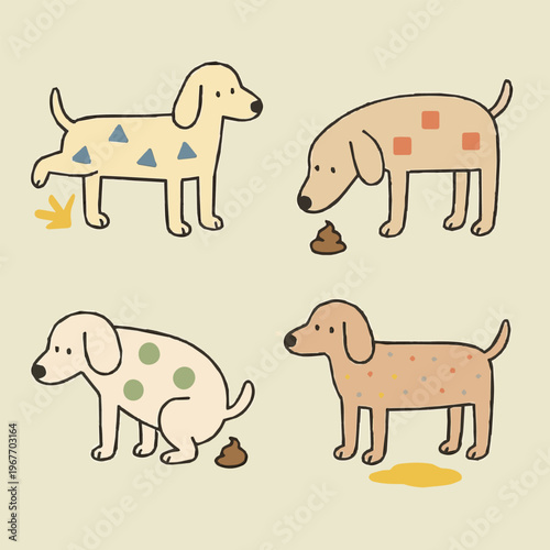 A cute vector collection of four dogs in silly potty situations, designed with funny poses and cheerful expressions, creating a playful and humorous illustration set.