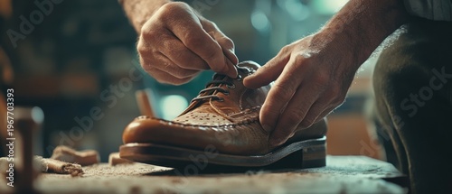 Shoemaker hands working on a leather shoe