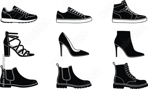 WebA collection of footwear icons featuring sneakers, high heels, boots, and sandals in a clean black and white vector silhouette.