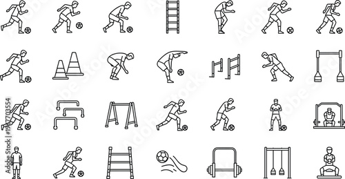 Soccer Training Drill Outline Icon Set with Football Practice Exercises, Agility Equipment and Athlete Movement Collection Isolated on White Background