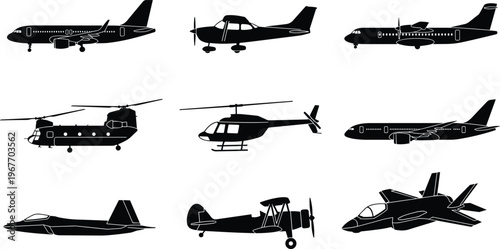 WebAircraft silhouette set with commercial airplanes, helicopters, fighter jets, private planes, biplane, and military aviation transport vector illustration icons,