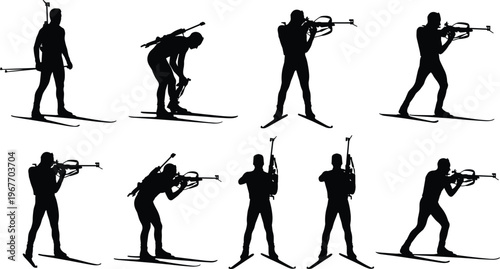 WebBiathlon athlete silhouette set with skiers shooting rifles, cross country skiing, winter sports competition, and professional biathlete vector illustration icons,