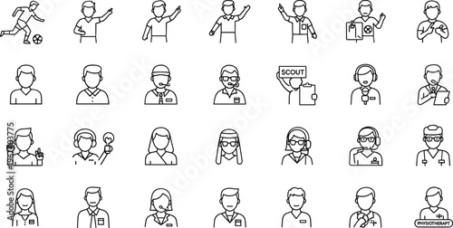 Sports Staff and Medical Team Outline Icon Set with Coaches, Referees, Scouts and Physiotherapist Characters Collection Isolated on White Background