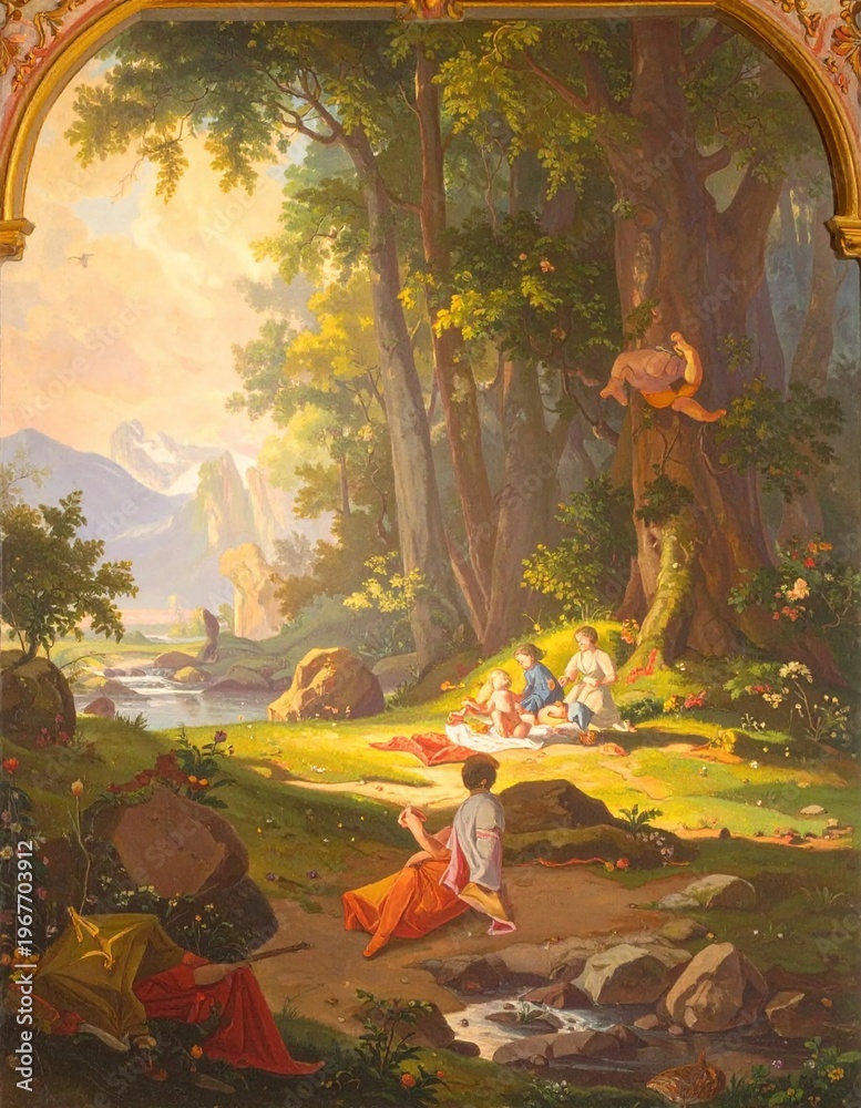 Fototapeta premium Idyllic Picnic Scene in a Lush Forest Landscape Painting.
