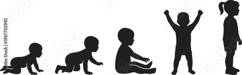 WebEvolution of a child's growth from crawling baby to standing toddler and little girl, representing childhood development and milestones.