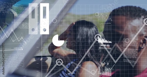 Cloud icon appearing over pair, passenger brushing hair, driver steering, tech charts showing route