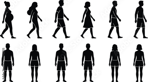 WebPeople silhouette set with men, women, and pregnant lady walking and standing in side and front view vector illustration icons,