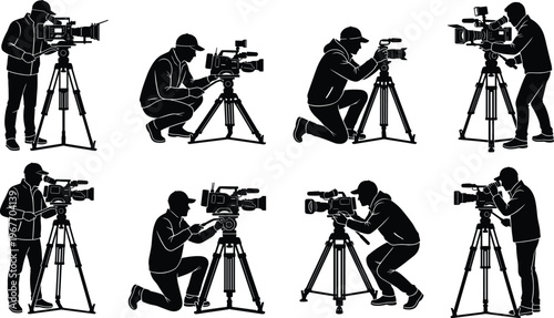 WebProfessional cameraman and videographer silhouette set operating cinema camera on tripod for film production, broadcasting, and television media vector illustration,