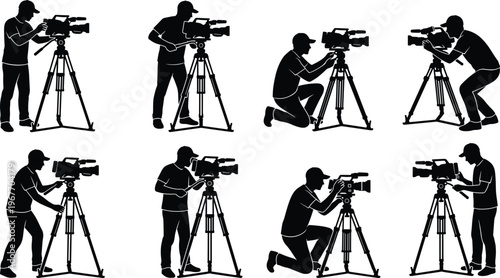 Professional cameraman and videographer silhouette set operating movie camera on tripod for film production, broadcasting, and television media vector illustration,