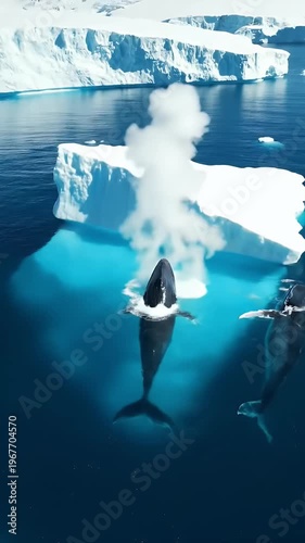 Two Whales Swim Near Icebergs In Deep Blue Water