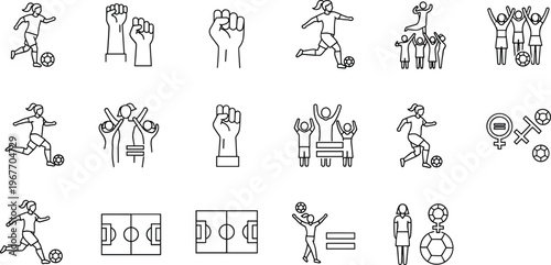 Women Soccer Empowerment Outline Icon Set with Female Football Players, Equality Symbols and Sports Celebration Elements Collection