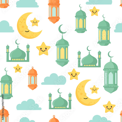 Islamic Ramadan Pattern with Lanterns Moons and Stars for Celebrations.