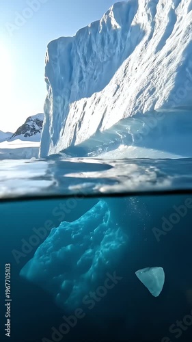 Underwater Iceberg Floating In Deep Blue Ocean With Sunlight Rays