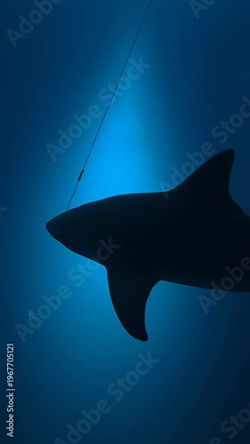 Underwater Footage of Large Shark Swimming in Deep Blue Ocean Water