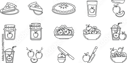 Apple Food and Recipe Outline Icon Set with Pie, Juice, Jam, Salad and Cooking Ingredients Collection Isolated on White Background