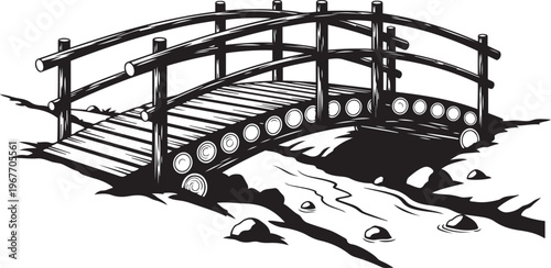 Bamboo Water Wheel Mechanism Flowing Water Rustic Engineering Close-up Detail Stylized Illustration