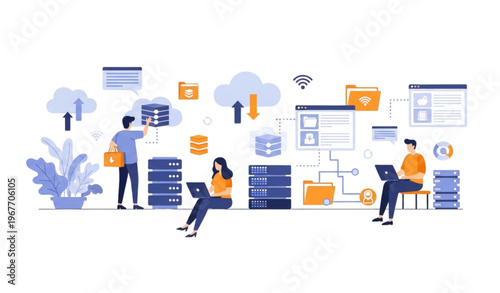 Cloud computing concept with people using laptops for data storage backup and network technology in modern web design