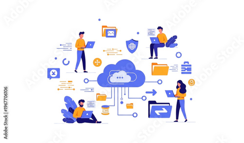 Cloud data storage and backup illustration with people working on laptops and managing information for app and web design