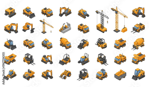 Isometric construction equipment mega set with excavators dump trucks cranes and concrete machinery for engineering and industrial design