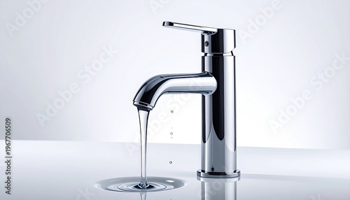 Gleaming chrome faucet releasing clear water, creating ripples on a bright white surface