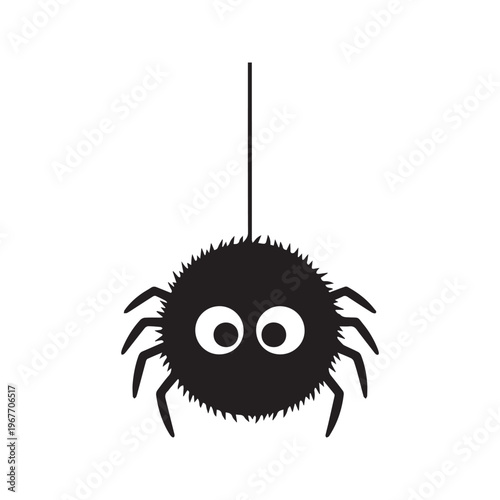 Cute black fuzzy spider hanging on a string silhouette, funny Halloween cartoon animal icon vector illustration
