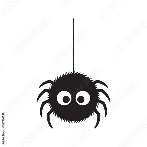 Cute black fuzzy spider hanging on a string silhouette, funny Halloween cartoon animal icon vector illustration