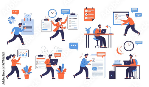 Work deadline stress illustration set with busy employees multitasking and managing time pressure for productivity and office design
