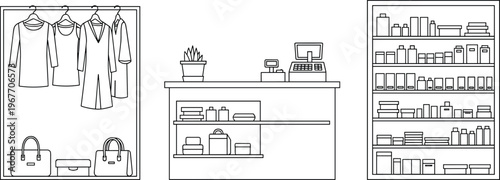 Retail store interior illustration featuring clothing display, checkout counter, shelves with products, boutique shop layout and commercial merchandising line vector design