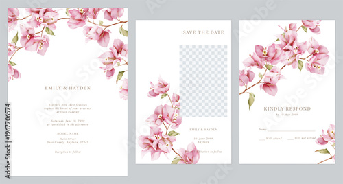 Wedding invitation suite featuring watercolor-style pink Bougainvillea flowers on a clean white background