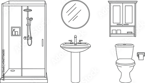 Bathroom interior fixtures illustration featuring shower cabin, sink, mirror, toilet and storage cabinet, home sanitation equipment and modern restroom line vector design