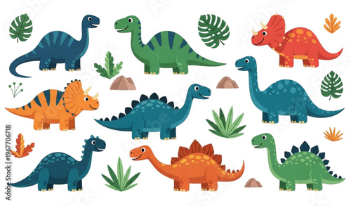 Colorful children dinosaur cartoon collection with prehistoric plants and cute dino characters for kids games and learning design