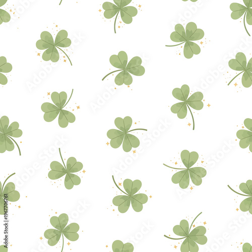 Seamless Pattern of Green FourLeaf Clovers for St Patricks Day Celebration.