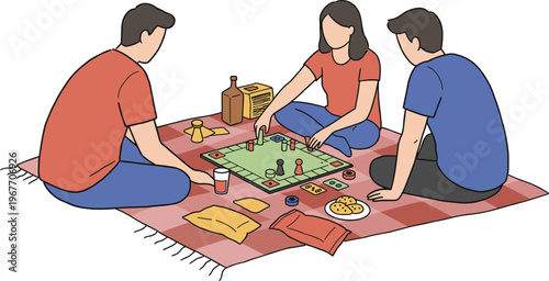 Three People Playing Board Game on a Picnic Blanket with Snacks