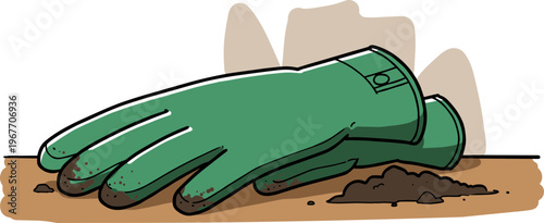 Green Gardening Gloves on Soil in a Hand Drawn Style