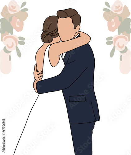 Couple Embracing in Wedding Attire with Floral Decorations on Transparent Background