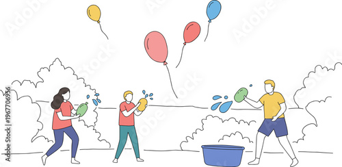 Children Playing Water Balloon Fight in a Fun Outdoor Setting