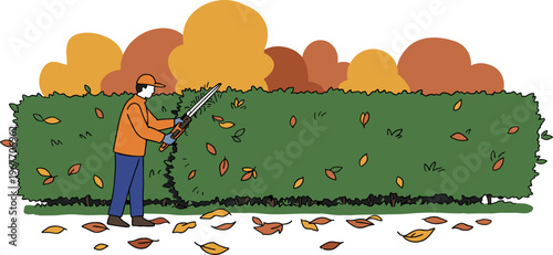 Man Trimming Hedges in Autumn with Hand Tools on a Transparent Background