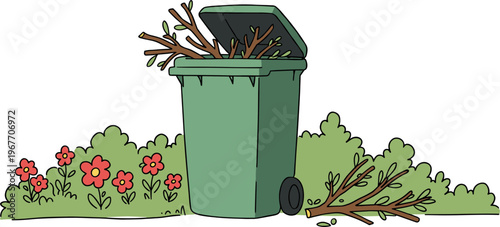 Cartoon-style green trash bin filled with branches in a garden setting with flowers