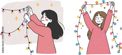 Two young women decorating with colorful lights indoors in a cheerful hand-drawn style