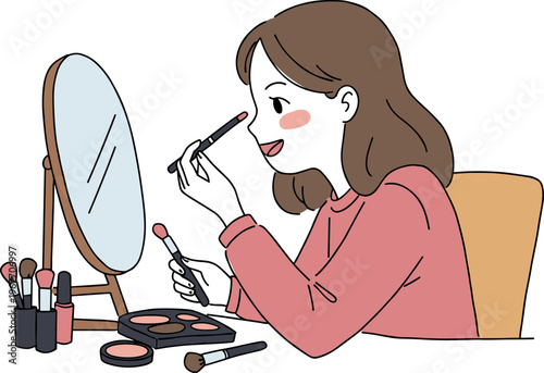 Young woman applying makeup in front of a mirror on a transparent background