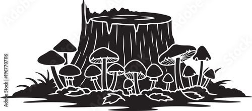 Forest Floor Mushrooms Growing on Tree Stump Detailed Woodland Scene Stylized Outline Graphic