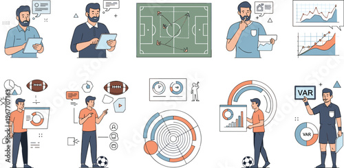 Football Analysis and Coaching Set Featuring Strategy Tactics Statistics and VAR Referee Decision Flat Vector Illustration Isolated on White Background