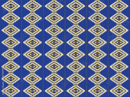 Seamless geometric pattern with vibrant diamond shapes on a royal blue background. This decorative vector illustration in traditional ethnic tribal style, with gold, beige, and dark blue,
