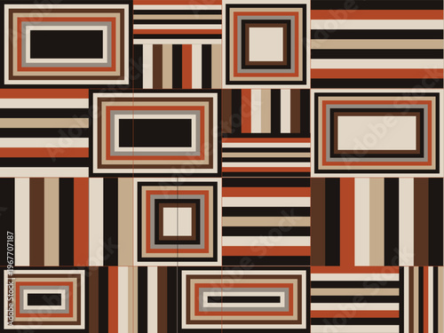 Seamless abstract geometric pattern featuring an interlocking mosaic of rectangular and striped blocks in earthy brown, black, beige, and terracotta tones, creating a stylish modern retro