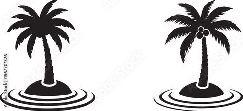 Palm Trees Silhouette on Islands with Water Ripples Minimalist Tropical Vector Graphics