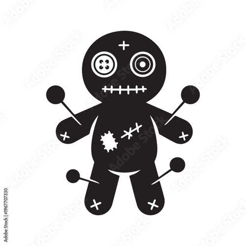 Black and white voodoo doll sticker silhouette, creepy cute magic rag doll with pins and button eyes vector illustration
